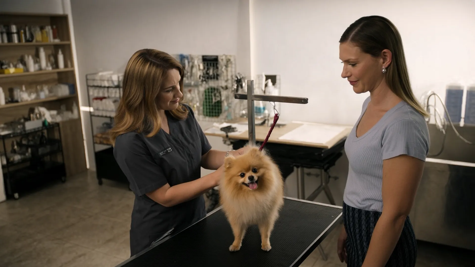 Profissional de banho e tosa conversa com a tutora enquanto avalia a pelagem do cachorro sobre a mesa